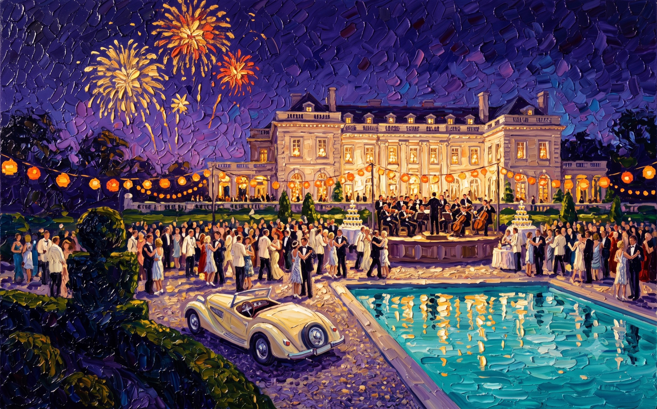 Pintura a óleo de uma festa noturna numa mansão em 1922