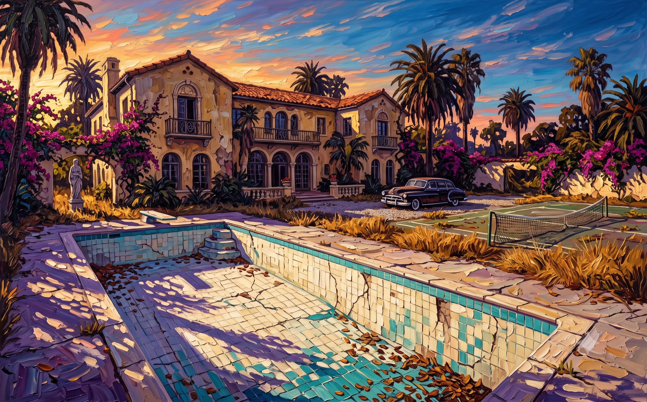 Pintura a óleo de uma mansão em Hollywood ao entardecer