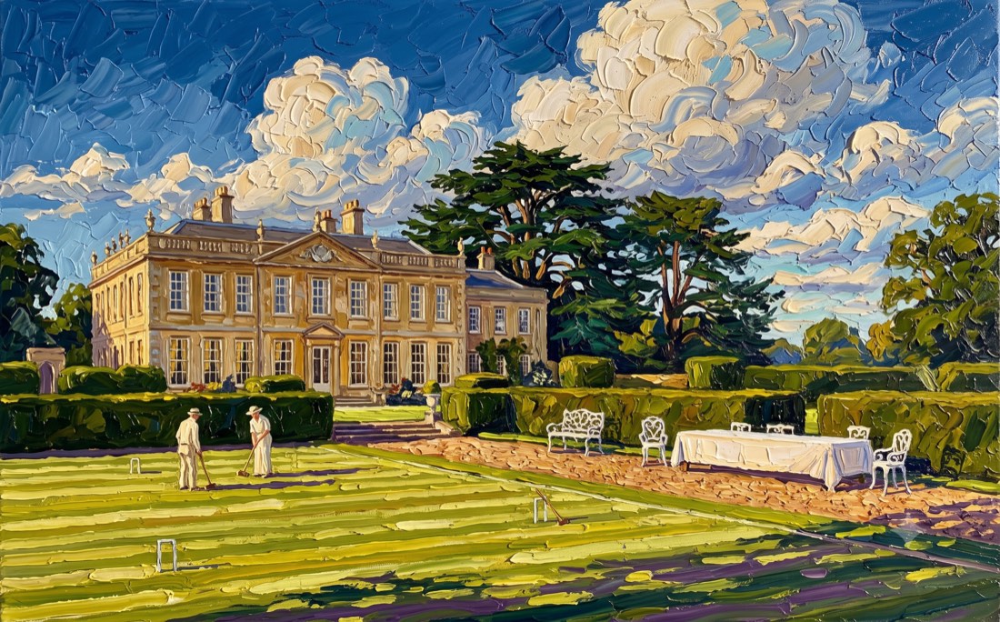 Pintura de uma partida de croquet num gramado