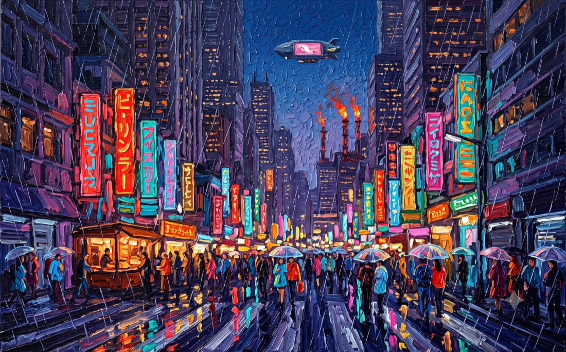 Pintura de uma rua de neon sob chuva